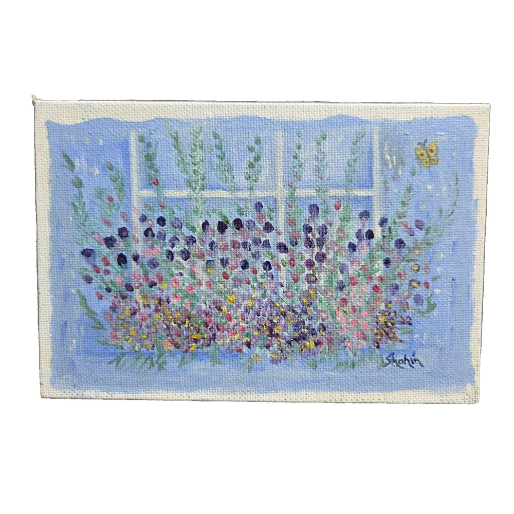 Original Acrylic Painting Floral Window Signed Shahin 4x6 Canvas Fredrix USA